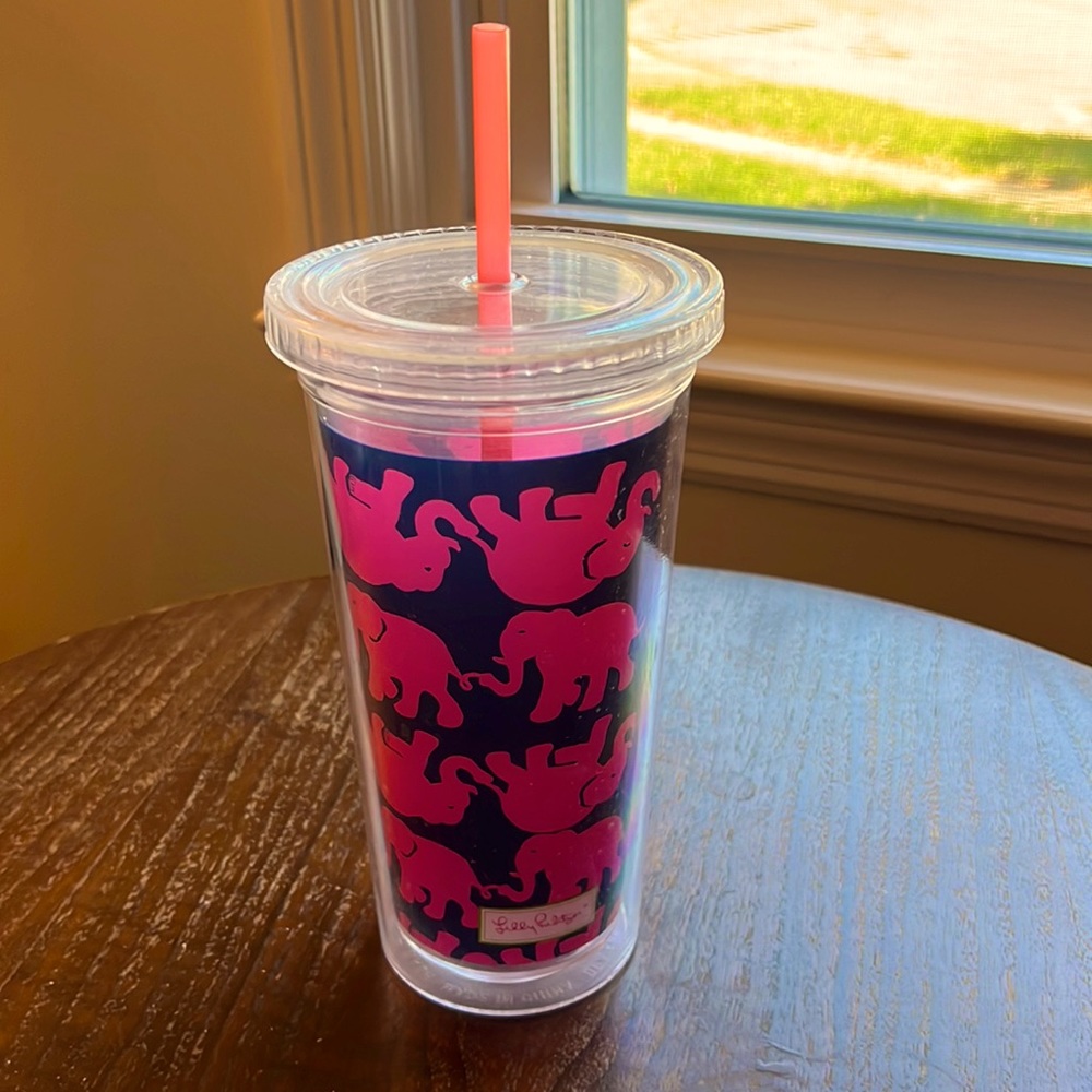 Lilly Pulitzer Tumbler Cup Lid Pink Elephant Blue Reusable BPA Free 20 oz Straw